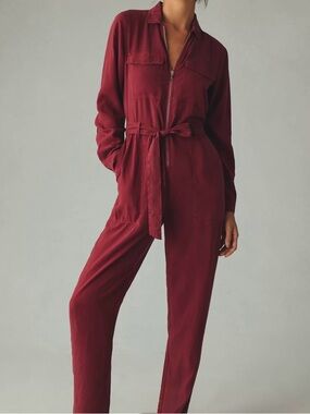 cloth & stone Burgundy Zip-Front Tie-Waist Jumpsuit Size Small